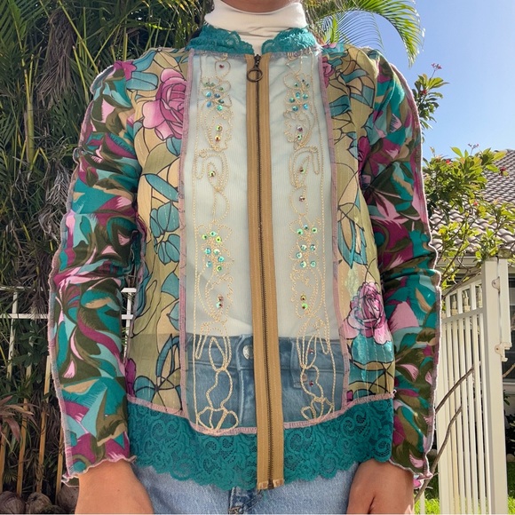 Susan Bristol Tops - Susan Bristol Sheer Lace Sequin Turquoise Pink Front Zipper Blazer Jacket Blouse